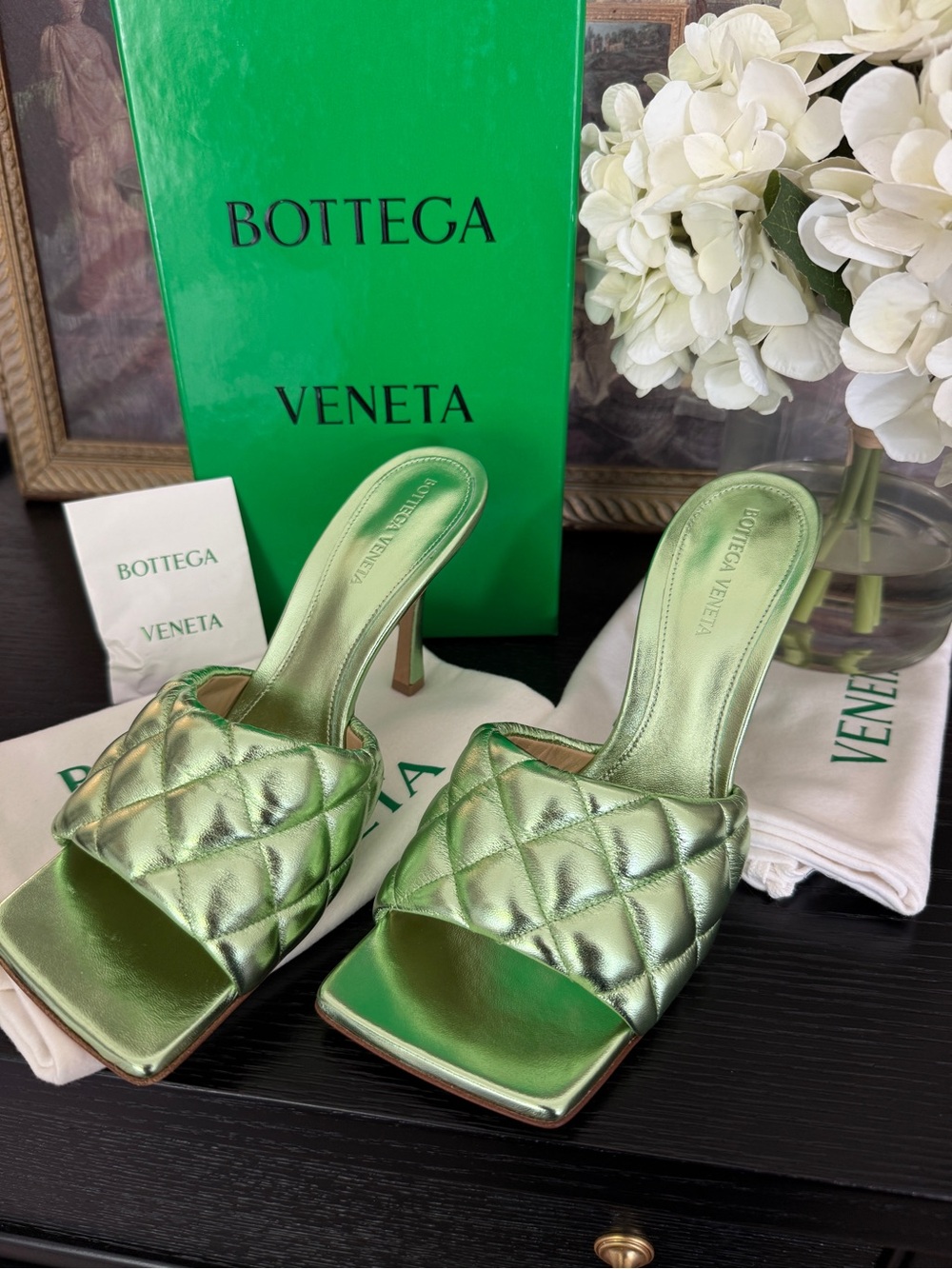 Bottega Veneta Padded Lambskin Reflection /Metallic Matelasse Pistachio heels